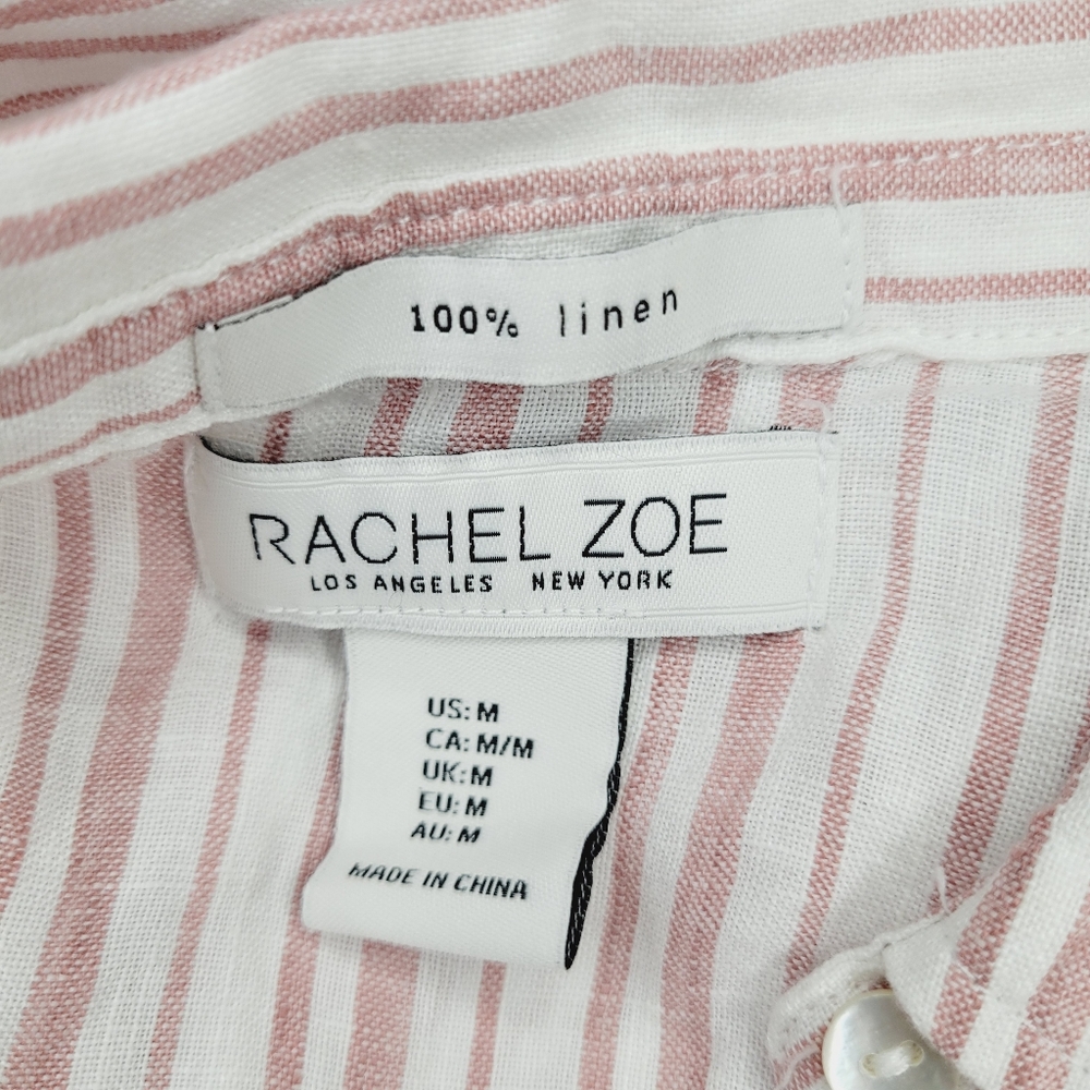 Rachel Zoe Linen Top Women's Medium Stripe Pink White Roll Sleeves Beach Summer - Picture 3 of 8